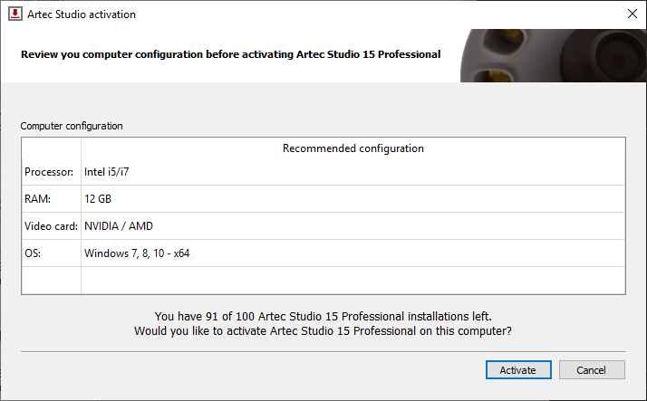 Activation dialog