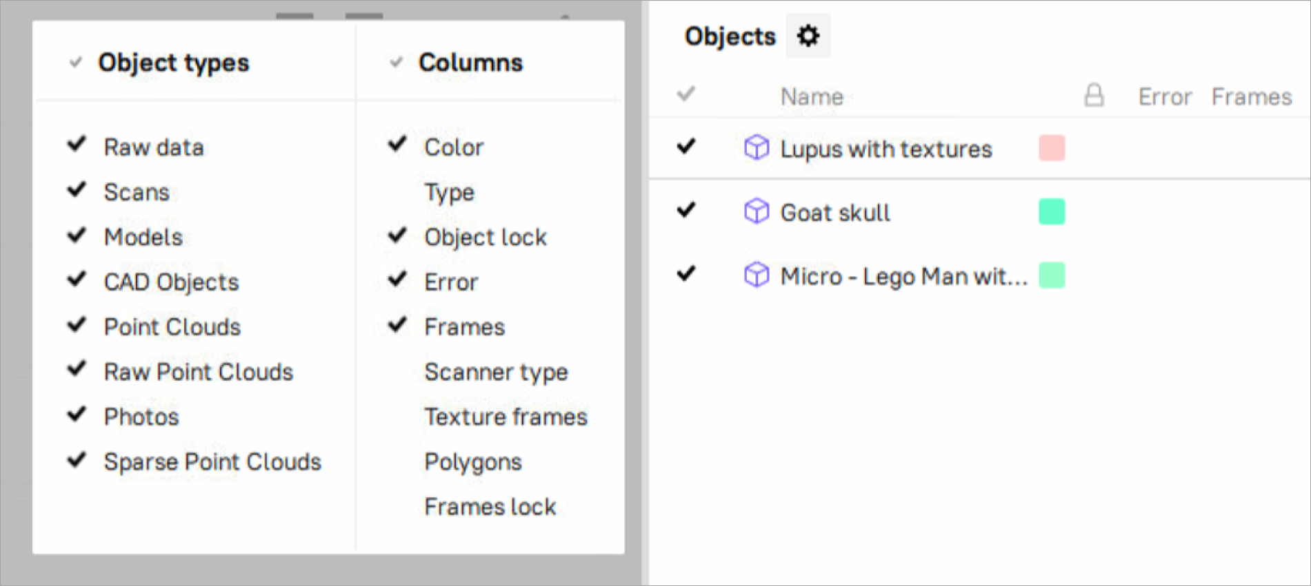 Selecting columns to be displayed, and filtering objects.