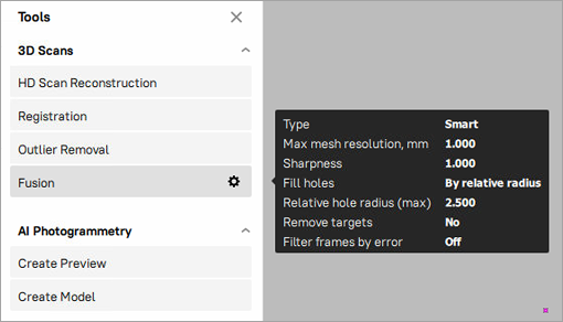 The *Fusion* pop-up with the default parameters