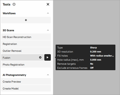 The *Fusion* pop-up with the default parameters